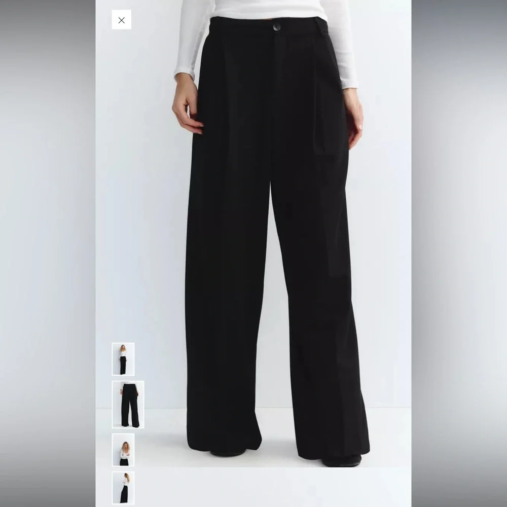 Zara black pleated front wide straight leg trouser pants size large - Picture 2 of 6